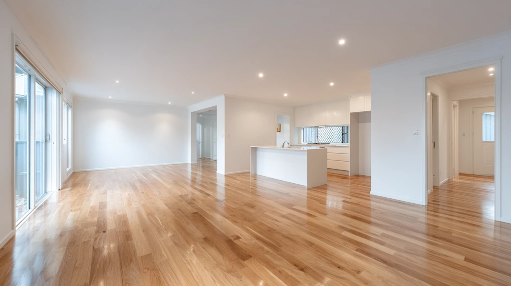 Spotless newly completed Australian home interior ready for handover, polished timber floors, open plan living and kitchen visible, bright natural light, no dust or debris