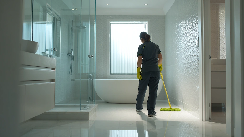 Professional cleaner mopping a brand new bathroom in a freshly built Australian home, frameless shower screen, freestanding bath and white tiles visible, bright lighting